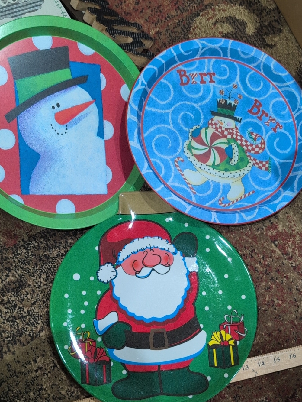 Holiday Party Serving Plates/Trays- Green/Blue/Red Snowman & Santa  3 Plates